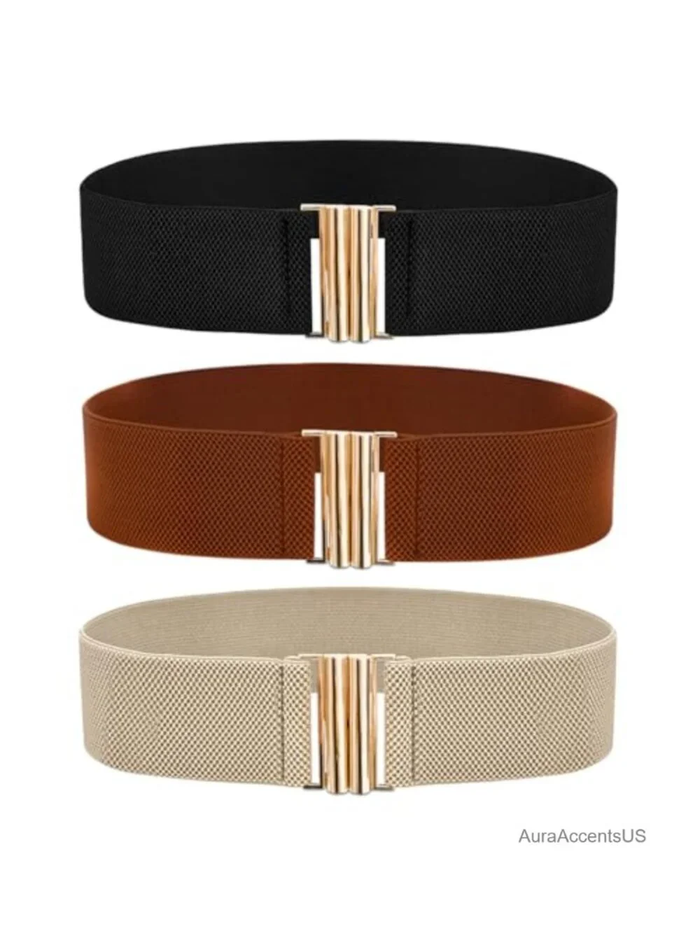 3 Pack Wide Stretch Elastic Belts with Gold Buckle for Dresses